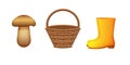 Mushroom picker set. Mushroom, wicker basket, yellow rubber boots. Vector illustration isolated on white background.